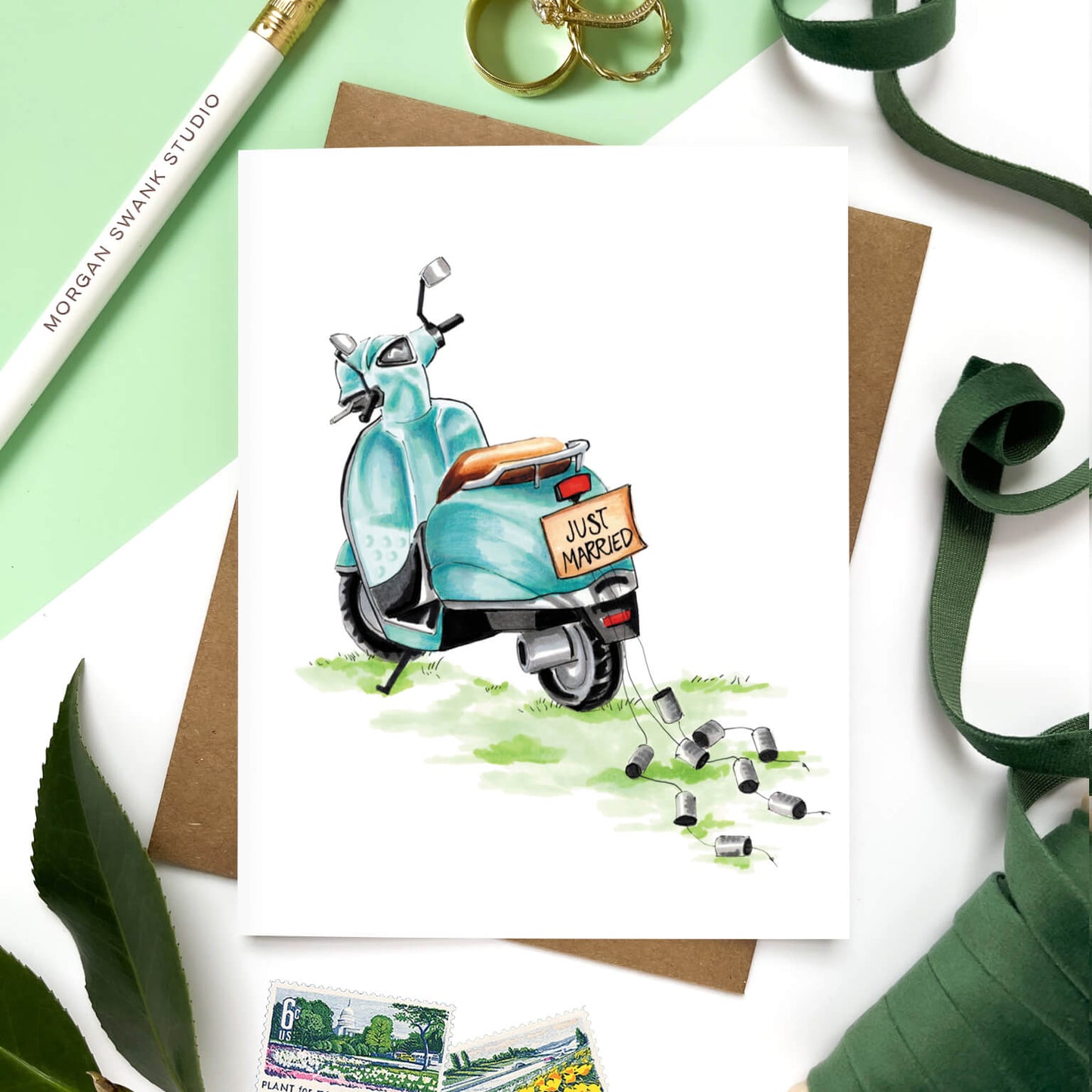 Just Married Scooter Wedding Card - Case of 6
