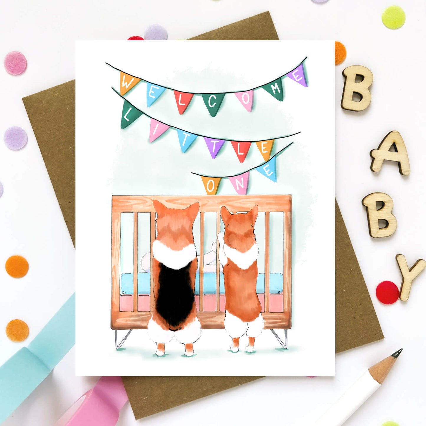 New Baby Crib With Corgi Dogs | New Baby Card