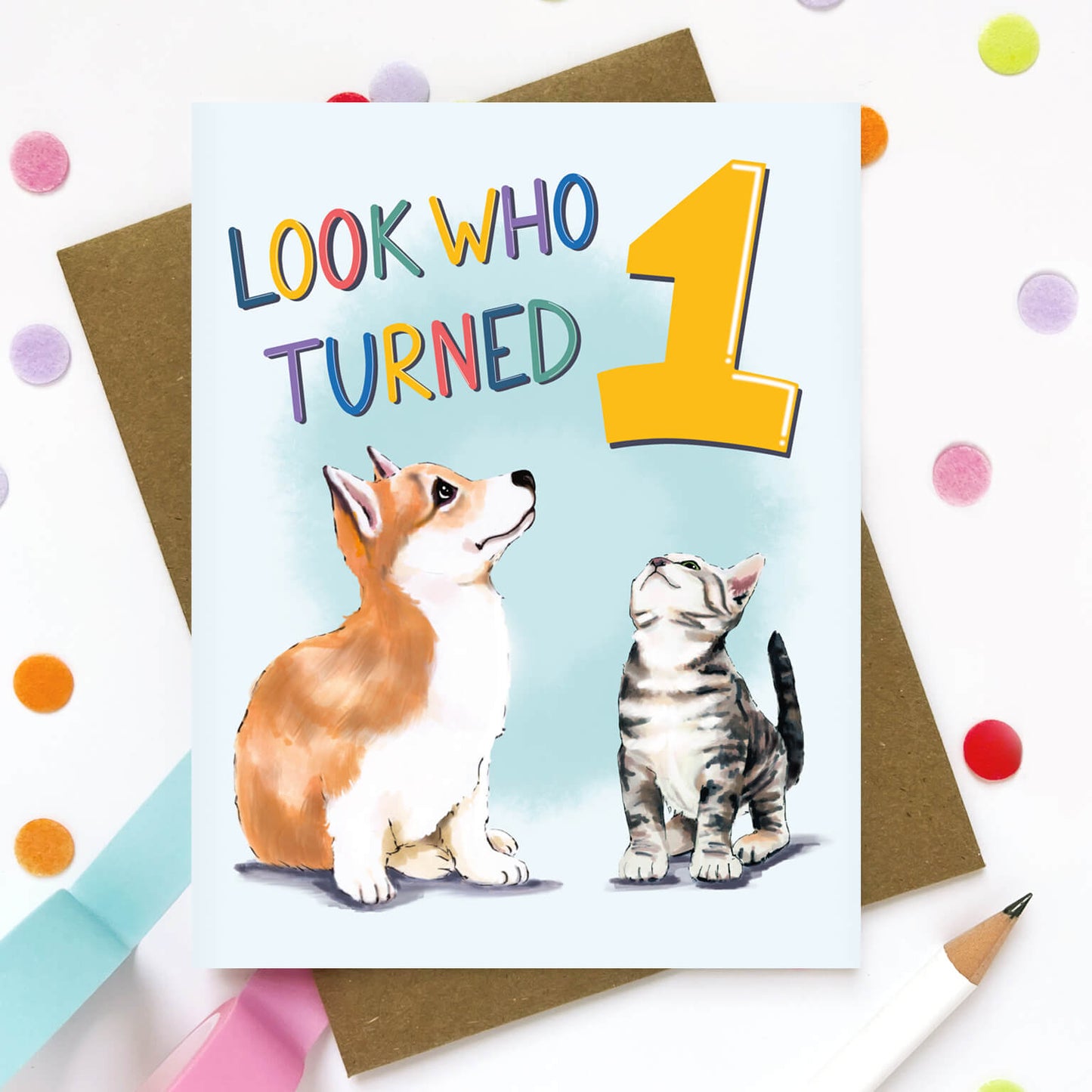 Puppy and Kitty 1 Year Old Birthday Card