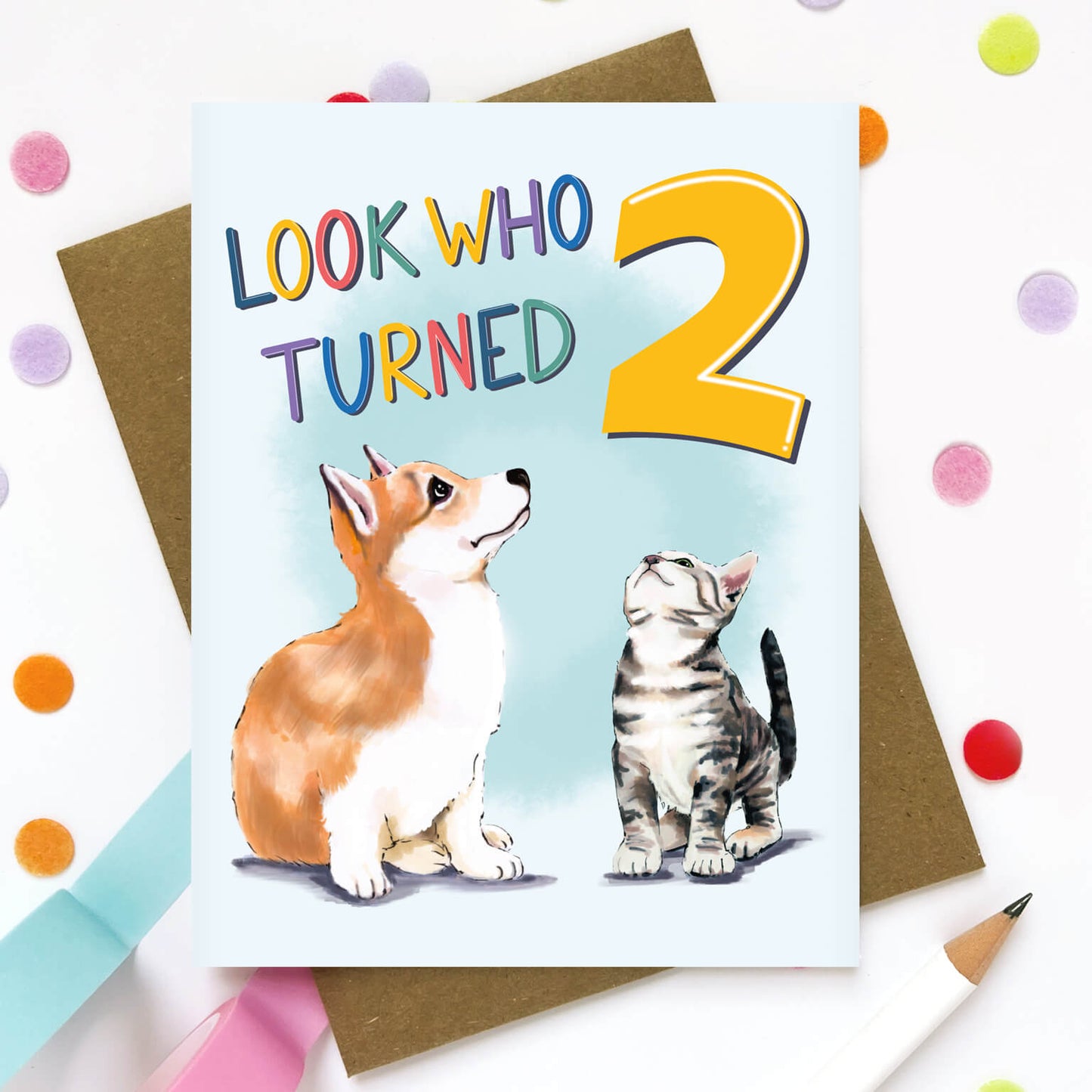 Puppy and Kitty 2 Year Old Birthday Card