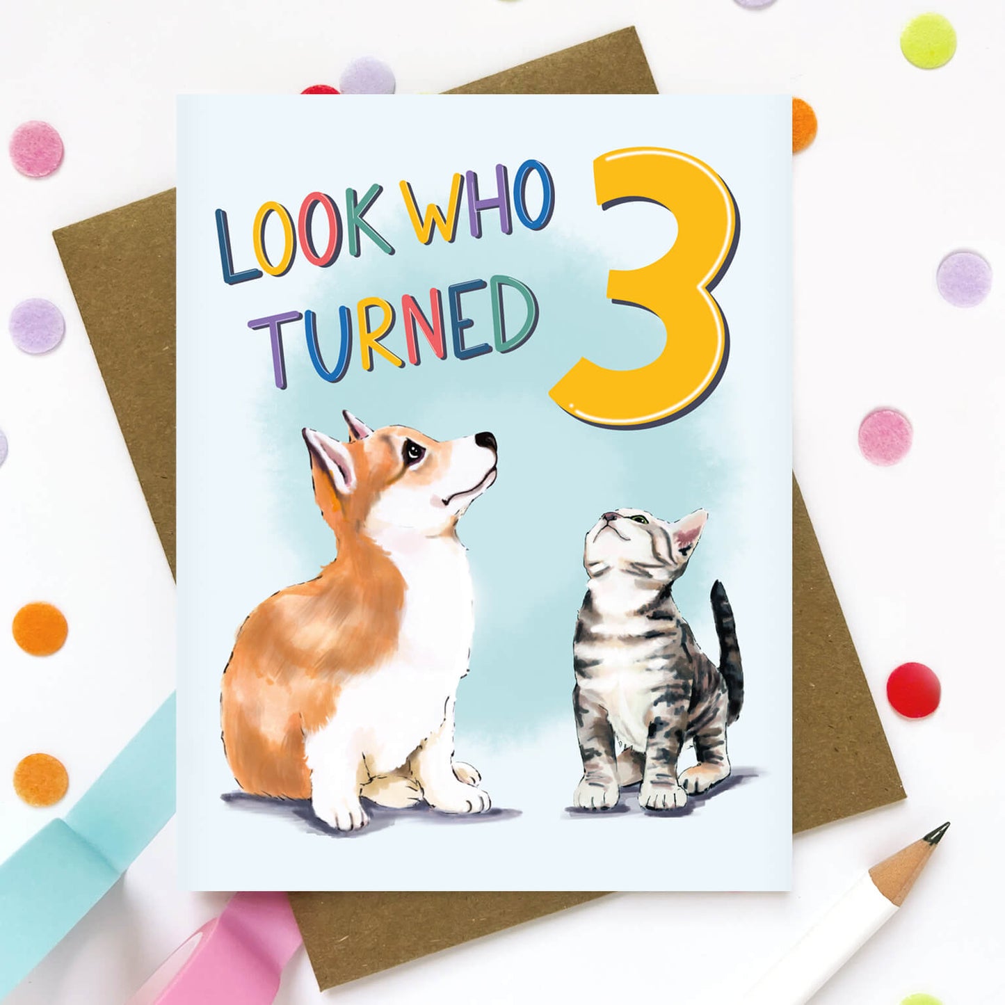 Puppy and Kitty 3 Year Old Birthday Card