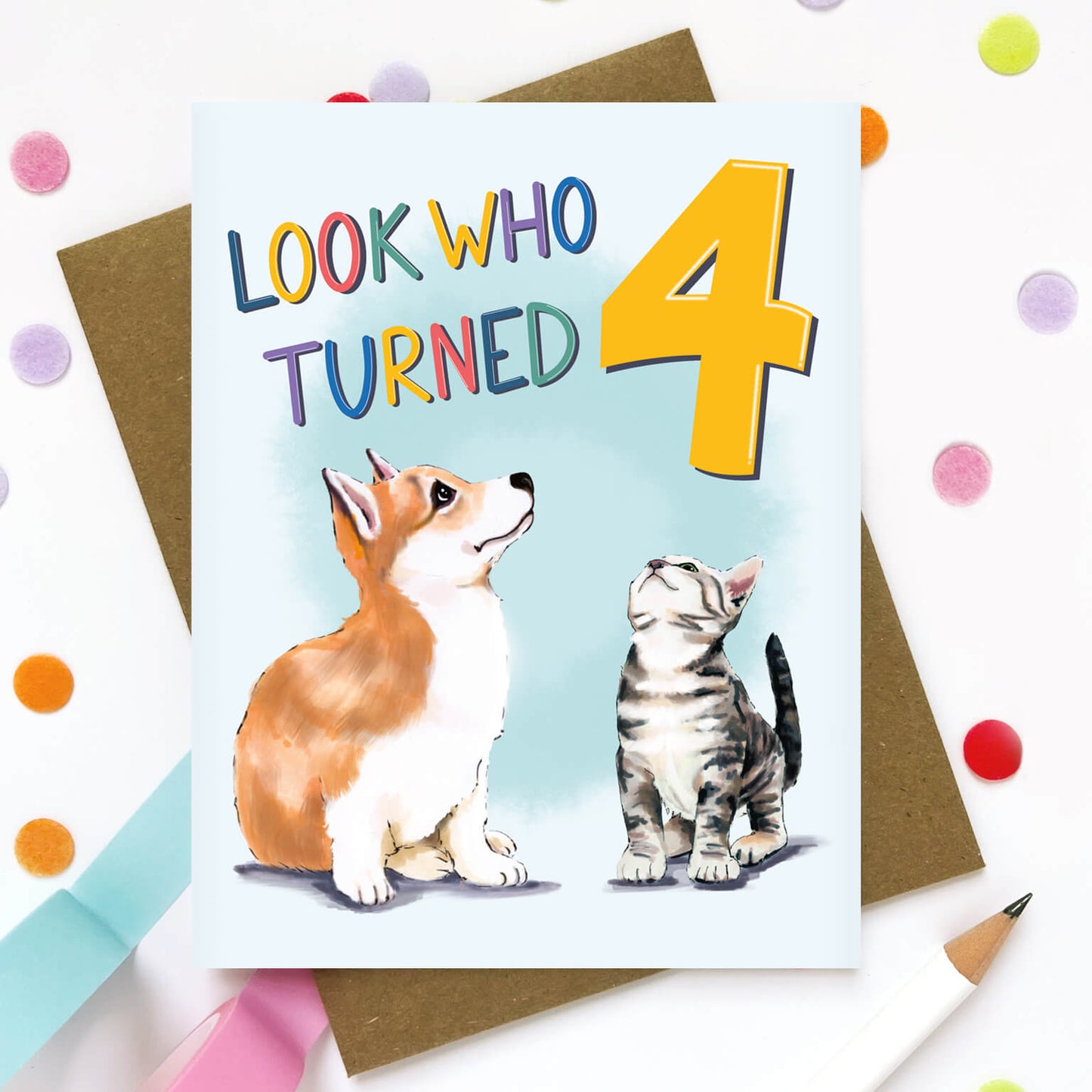 Puppy and Kitty 4 Year Old Birthday Card