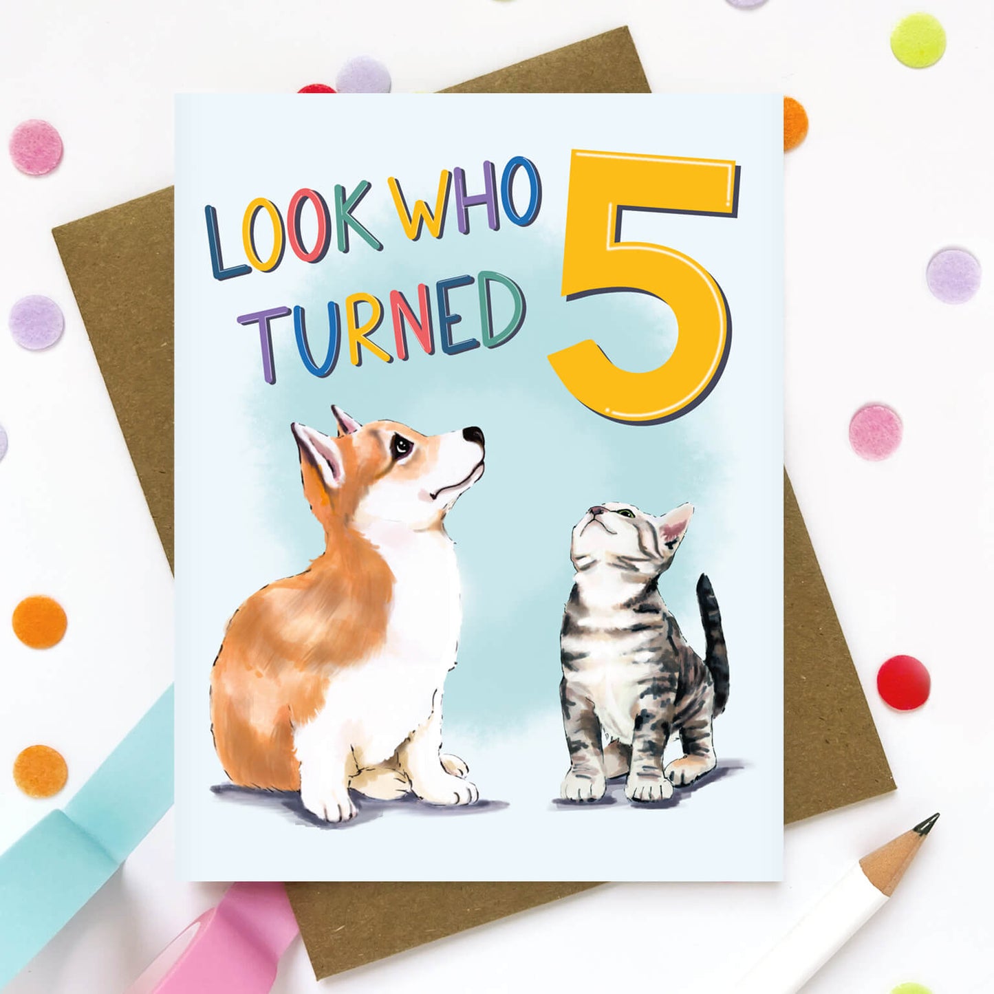 Puppy and Kitty 5 Year Old Birthday Card