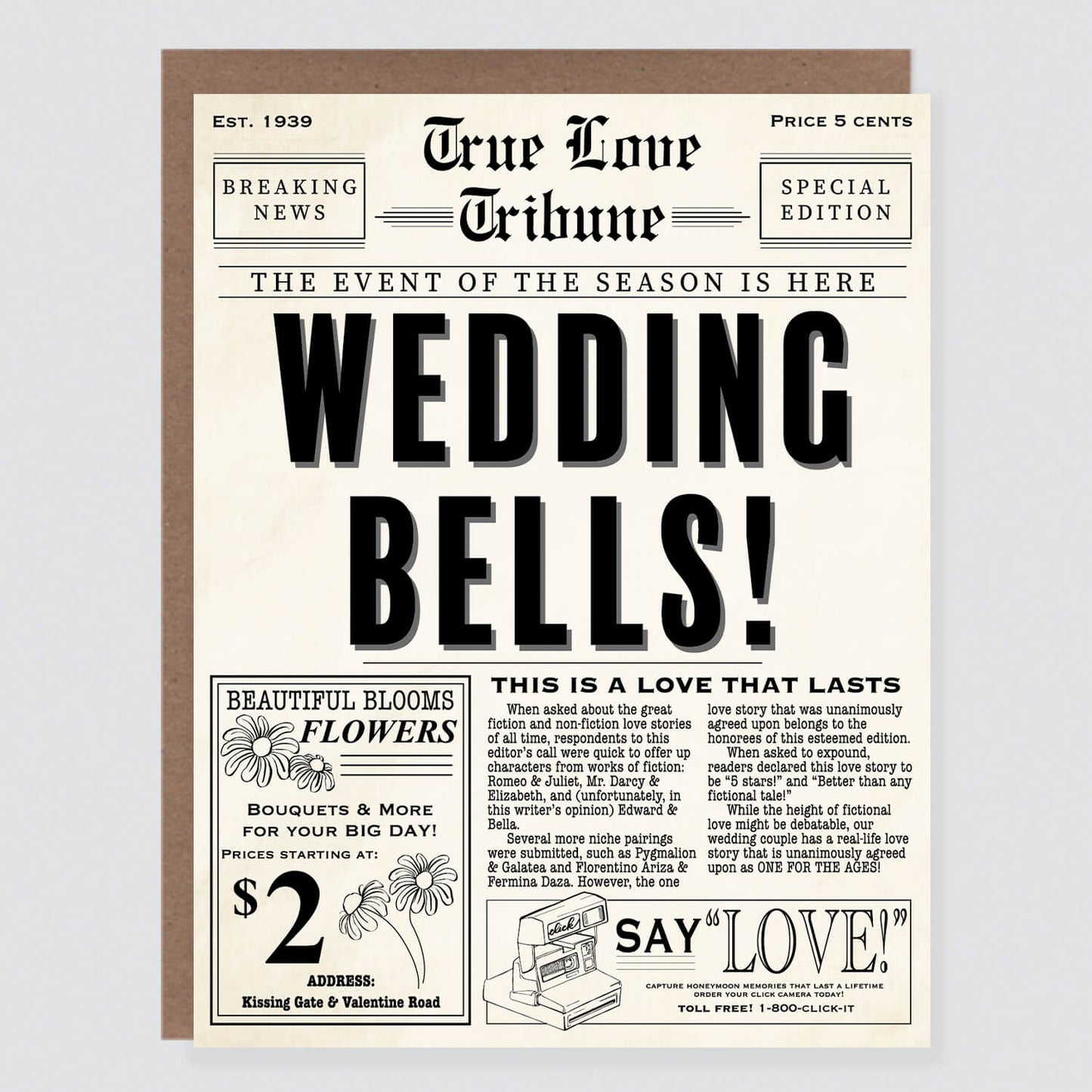 Vintage Newspaper Funny Wedding Card - Case of 6