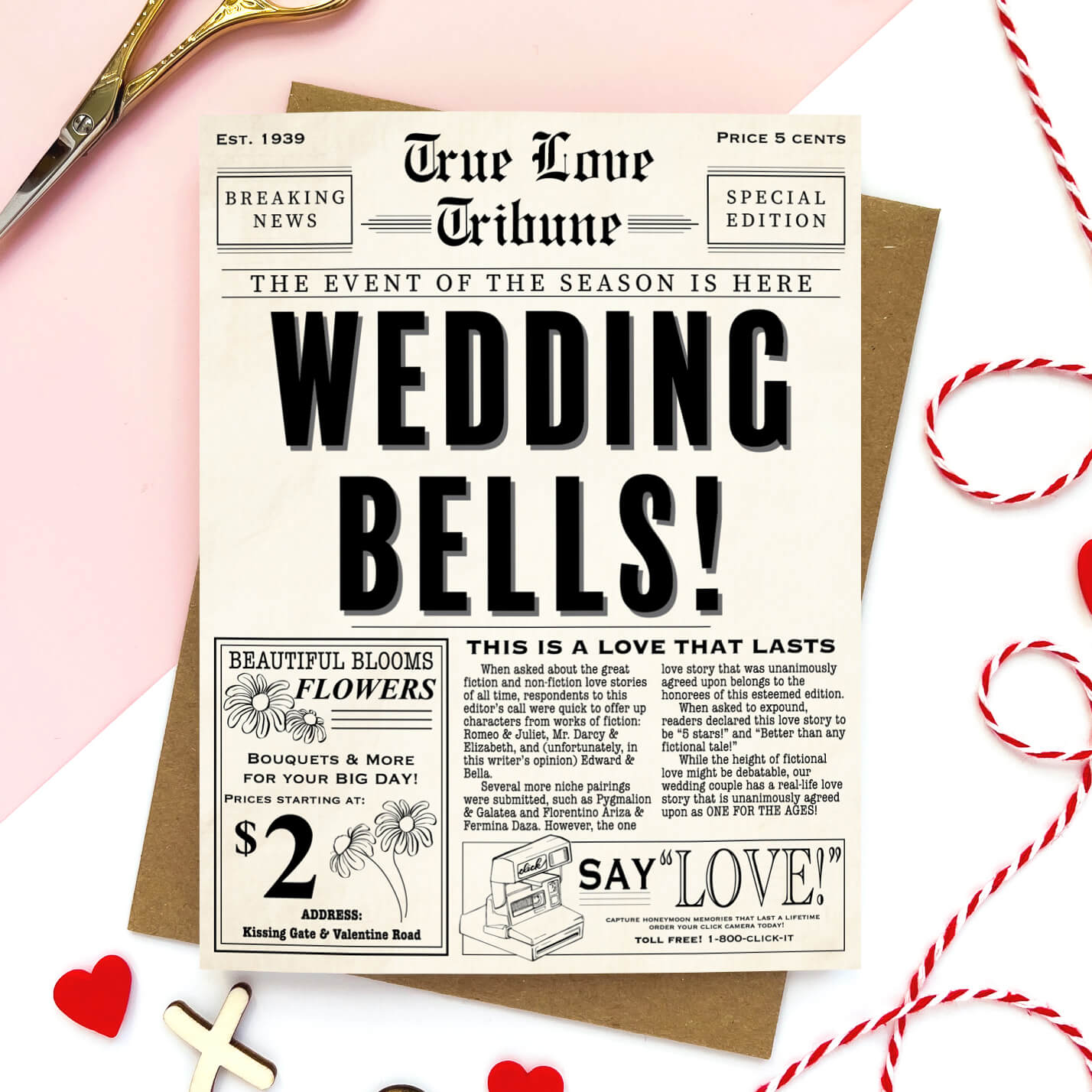 Vintage Newspaper Funny Wedding Card - Case of 6