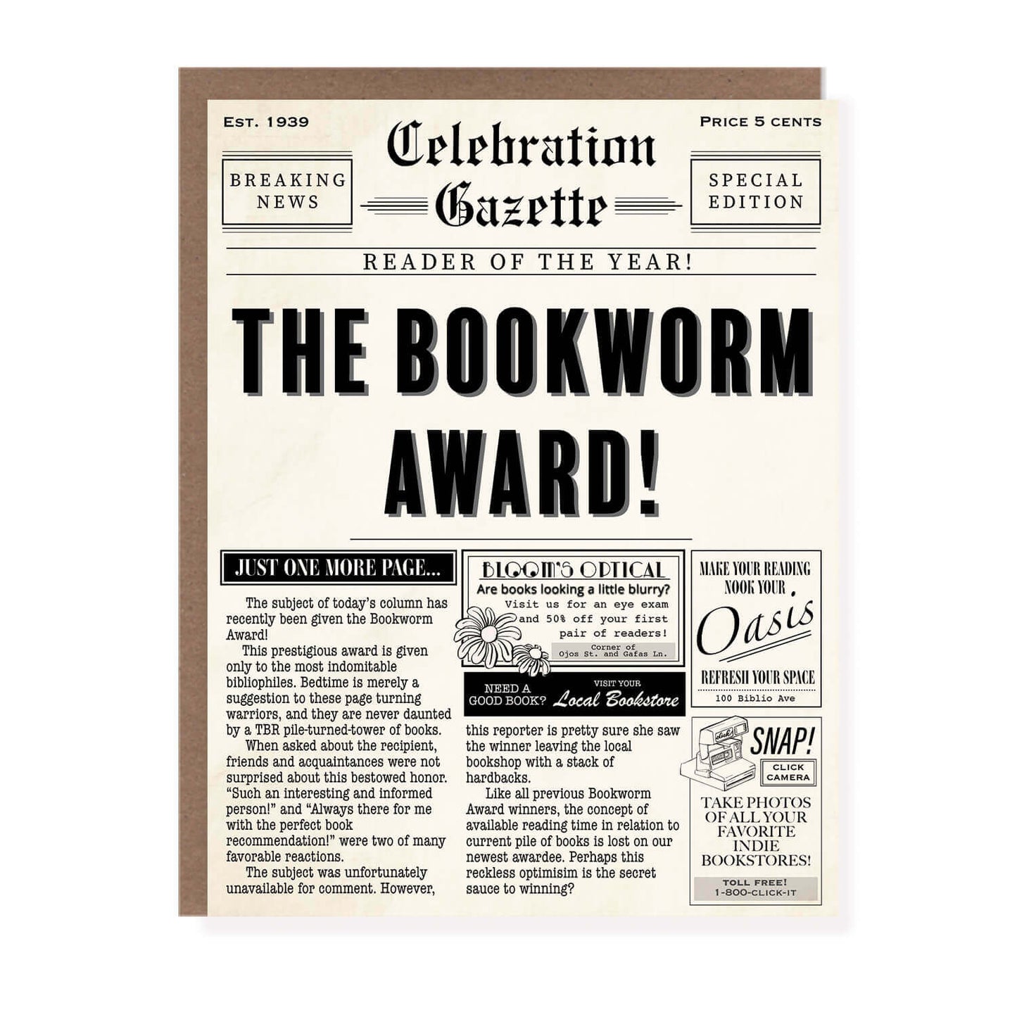 Vintage Newspaper Bookworm Award Card