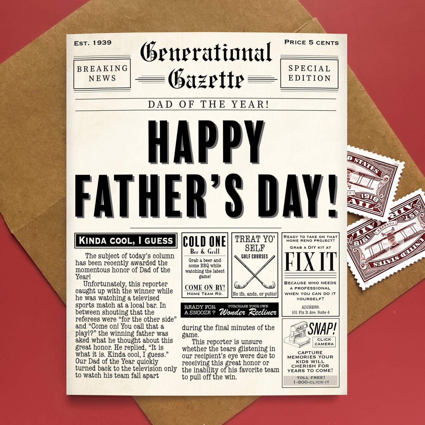 Vintage Newspaper Funny Father's Day Card - Case of 6