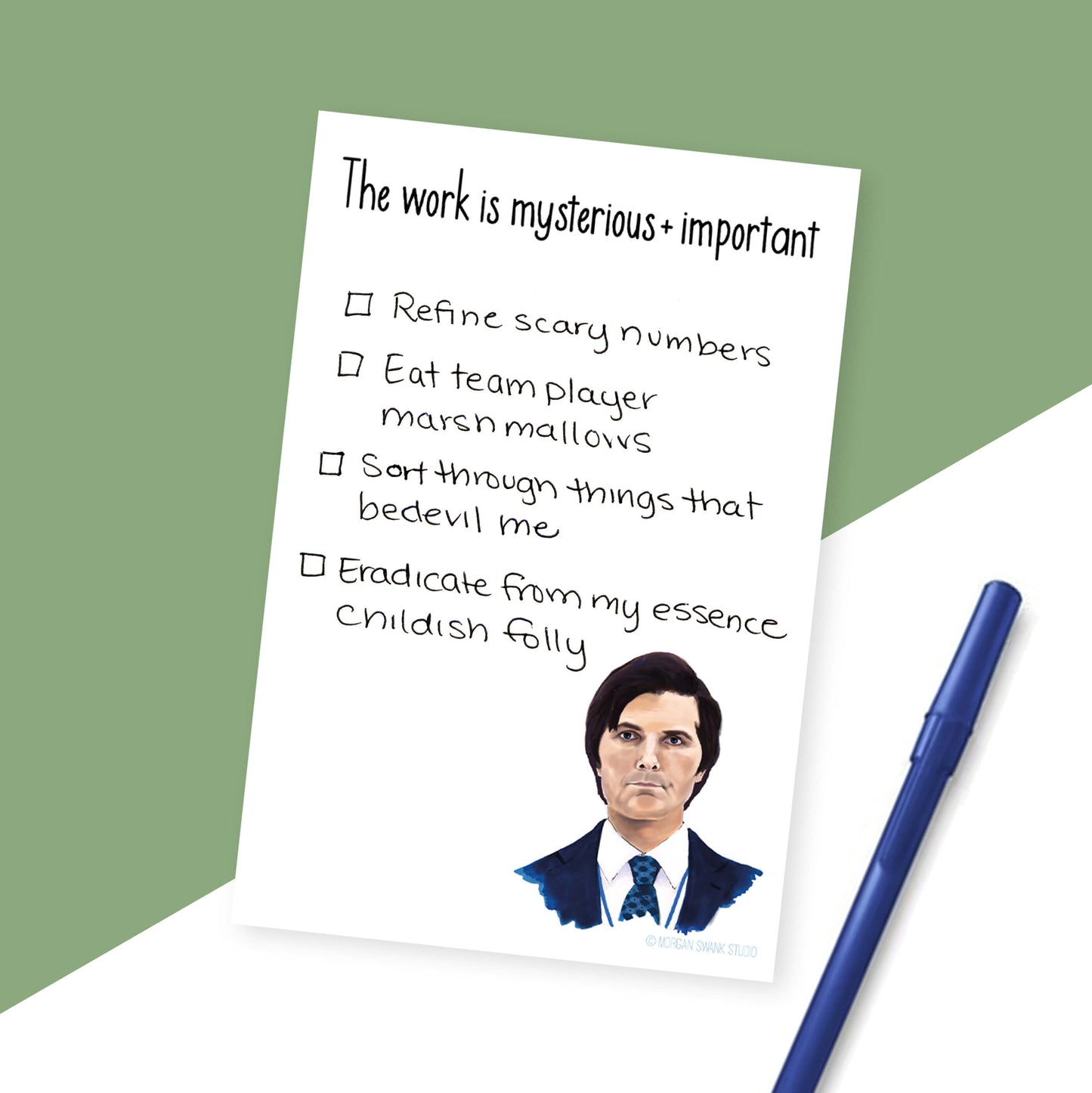 Notepad with illustrated character from Severance and the text 'The work is mysterious + important’