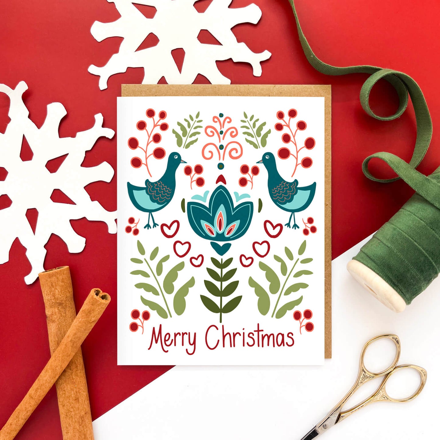 Berries + Birds Folk Christmas Card - Case of 6