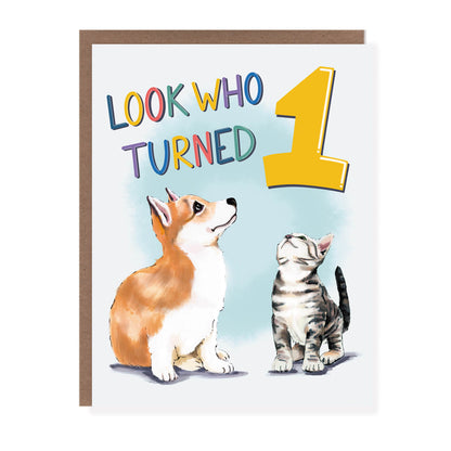 Look Who Turned One Puppy and Kitty Birthday Card - Case of 6