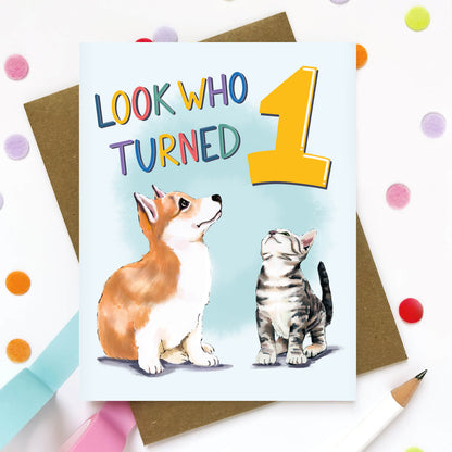 Look Who Turned One Puppy and Kitty Birthday Card - Case of 6