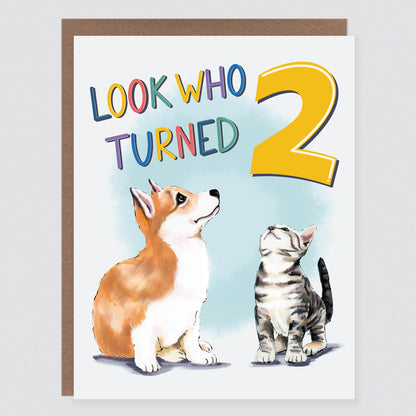 Look Who Turned Two Puppy and Kitty Birthday Card - Case of 6