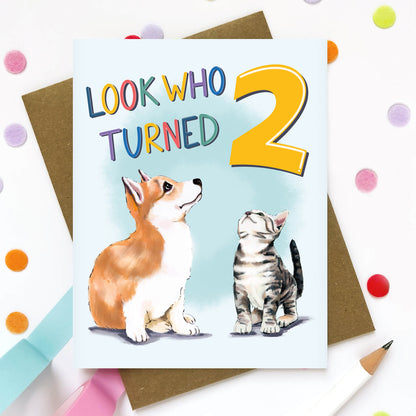 Look Who Turned Two Puppy and Kitty Birthday Card - Case of 6