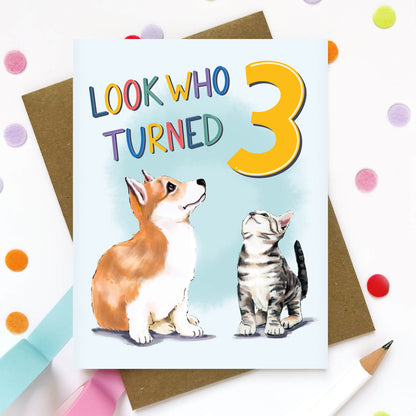 Look Who Turned Three Puppy and Kitty Birthday Card - Case of 6