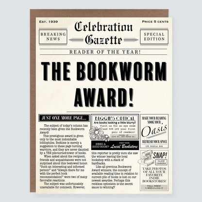 Vintage Newspaper Bookworm Award Card