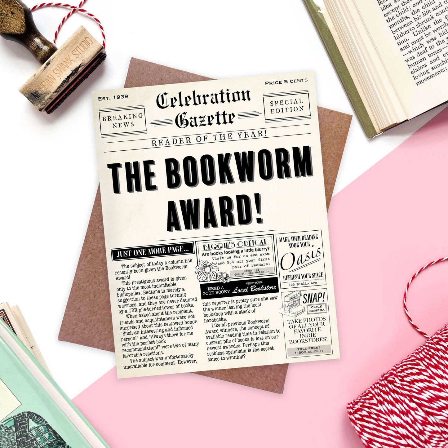 Vintage Newspaper Bookworm Award Card