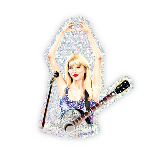 A colorful sticker depicting a person with a microphone and guitar, surrounded by a glittery border.