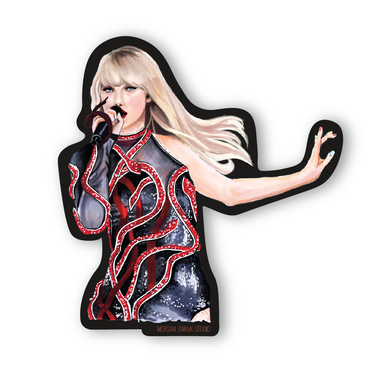 A vinyl sticker depicting a stylized person with long blonde hair and a black and red outfit with light trails.
