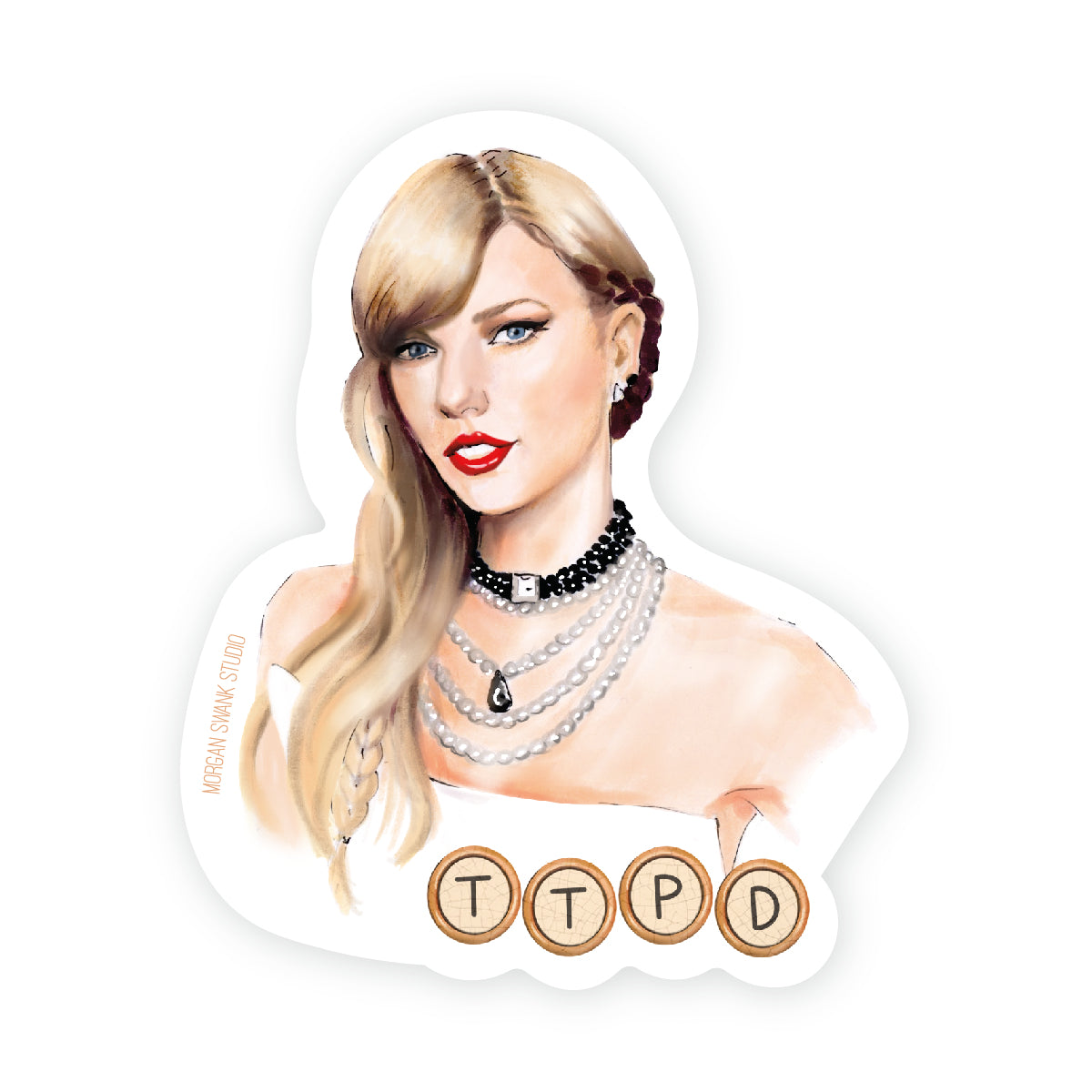 A vinyl sticker featuring an illustrated character with long blonde hair, wearing multiple necklaces.