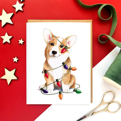 Corgi Dog and Christmas Lights | Christmas Card