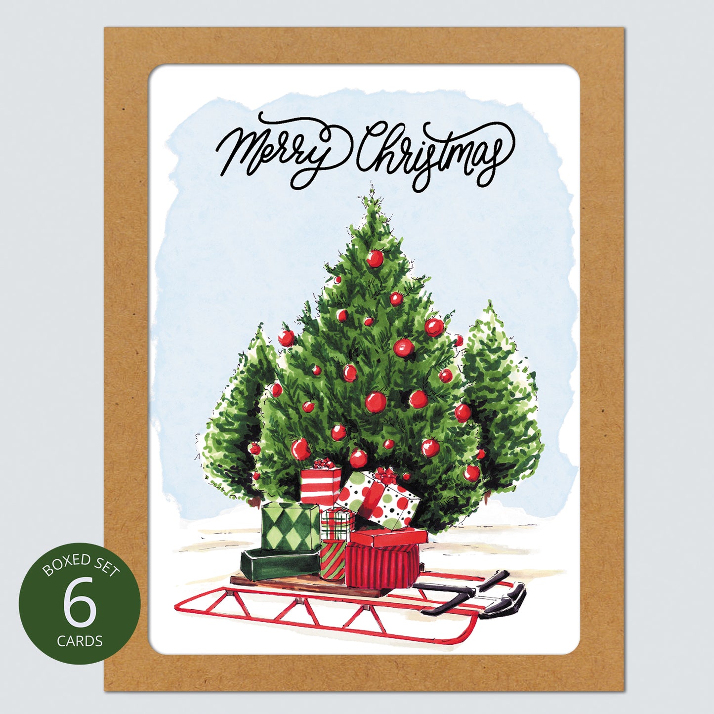 Christmas Tree and Sled Card: Boxed Set of 6